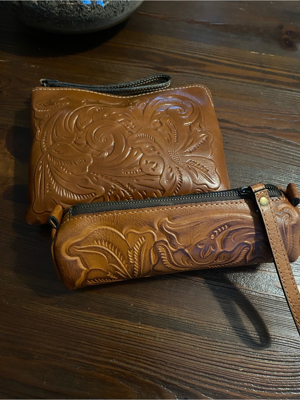 PATRICIA NASH- 2 Embossed Brown Leather Wristlets, Clutch - Picture 2 of 16